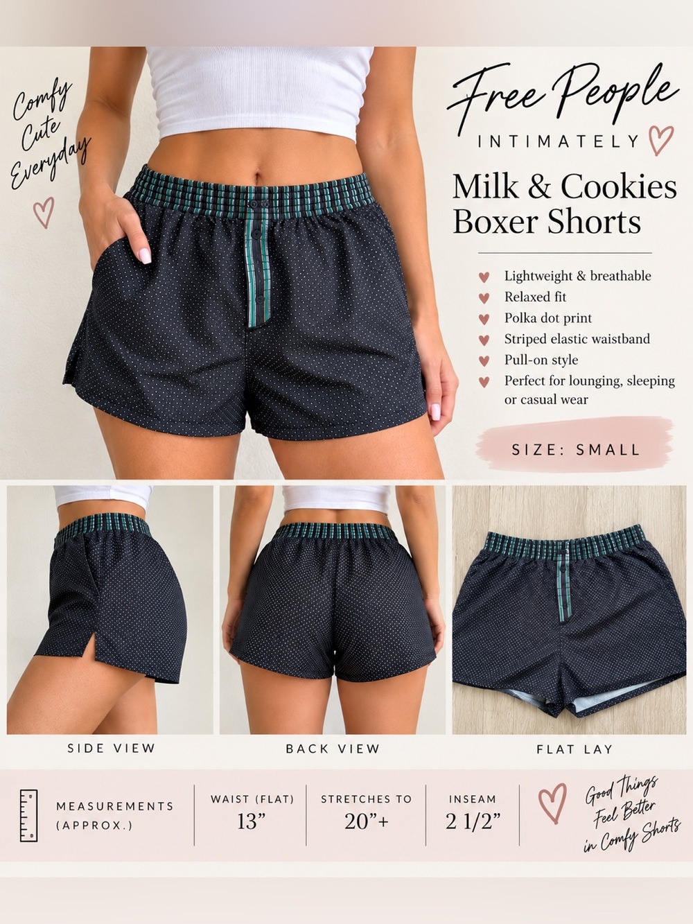 (#B) Free People Intimately Milk & Cookies Boxer Shorts – Size Small 🖤